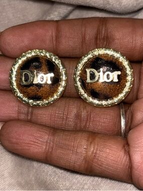 Dior Gold-Tone Brown Leopard-Print Logo Button Earrings